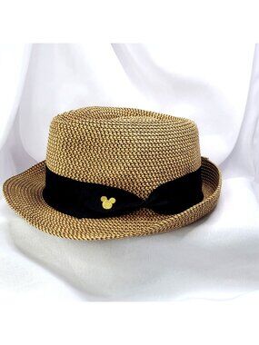 Disney Parks Mickey Mouse Straw Fedora Hat With Black Band Adult Size 57CM